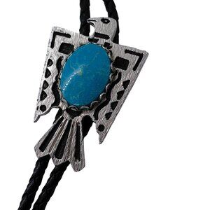 Thunderbird black leather bolo tie faux turquoise silver tips-??